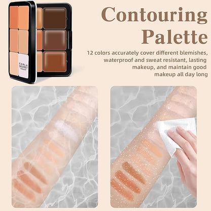 12 Colors Cream Concealer Foundation Palette, Long-Wearing Smudge Proof Blendable Full Coverage Cream Contour Blush Highlighter Color Correcting Concealer Foundation Palette Makeup