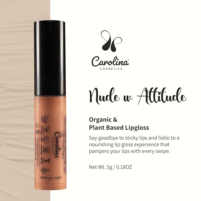 Plant-Based Non-Sticky Lip Gloss (Nude with Attitude) - Hydrating & Nourishing - Sunflower Seed Oil, Cacao & Grape Seed Oil - Gluten-Free, Vegan, Non-GMO, Paraben-Free - 5g/0.18oz