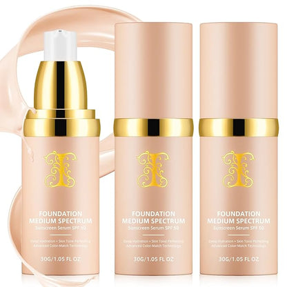 3 Pack Colour Changing Foundation, Foundation 4 in 1 - Light Spectrum with SPF 50+, Hydrating Foundation Color Changing, Concealers Waterproof & Longwearing, Medium Spectrum for Gym, Sport, Dancing