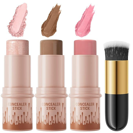 3Pcs Cream Contour Sticks Kit, Highlighter Stick Blush Stick Cream Contour Kit Makeup Set with Brush,Face Brightens & Shades Contour Stick Waterproof for Women Girls(9507-02-08-10, A)