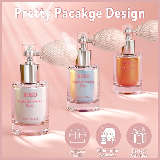 Boko Highlighter Powder Spray, Cosmetic Body Shimmer Spray High Gloss Diamond Glitter Makeup Sparkle Glitter Hairspray Christmas Rave Accessories for Women Face Paint Hair Clothes