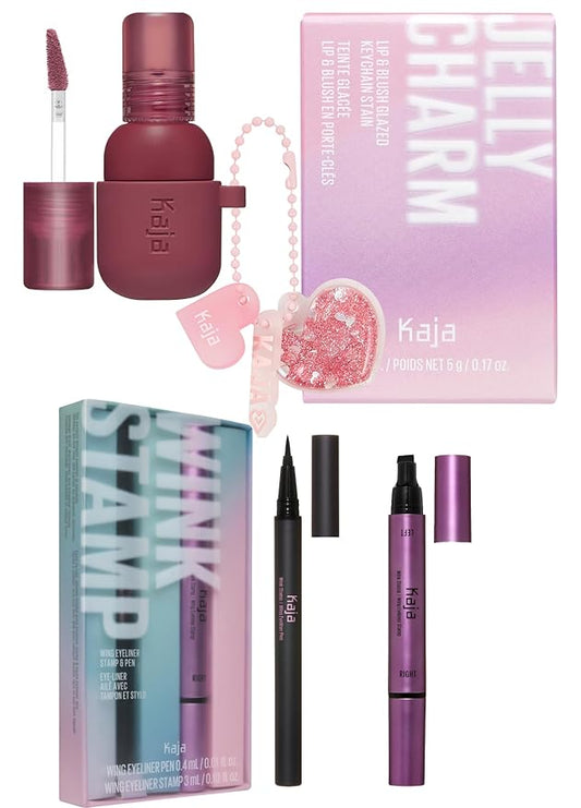 Kaja Lip & Blush Glazed Keychain Stain - Jelly Charm 04 Fig Soda + Wink Stamp Wing Eyeliner Pen & Stamp Long Bundle