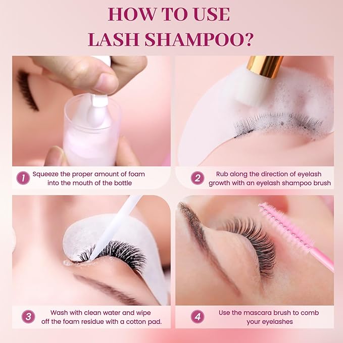 Buqikma Lash Shampoo Kit - Lash Cleaning for Eyelash Extension, 60Ml/2.11fl.Oz Eyelash with Lash Shampoo Brushes Gentle Lash Extension Cleanser for Professional Salon Use and Home Use (2 Pcs)