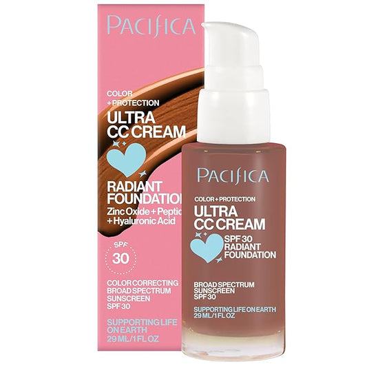 Pacifica Ultra CC Cream Radiant Foundation SPF 17 - Cool-Deep – Medium Coverage Color Correcting Cream, Dewy Finish, Mineral SPF, 1 oz