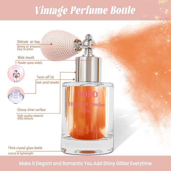 Boko Highlighter Powder Spray, Cosmetic Body Shimmer Spray High Gloss Diamond Highlight Glitter Powder Makeup Sparkle Glitter Hairspray Christmas Rave Accessories for Women Face Paint Hair Clothes