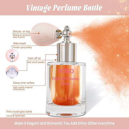 Boko Highlighter Powder Spray, Cosmetic Body Shimmer Spray High Gloss Diamond Highlight Glitter Powder Makeup Sparkle Glitter Hairspray Christmas Rave Accessories for Women Face Paint Hair Clothes