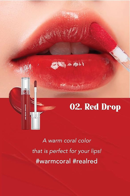 [rom&nd] Glasting Water Tint 8 colors | Vivid color, Glossy Finish, Long-lasting, moisturizing, Highlighting, Natural-beauty | Lip Tint for Daily Use, K-beauty | 4g/0.14oz No.02 RED DROP