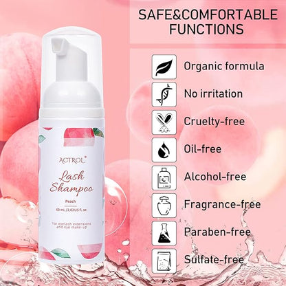Eyelash Extension Cleanser 60ML Natural Lash Extension Shampoo Peach Professional Eyelid Foaming Cleanser Paraben & Sulfate Free Non-lrritating with Salon and Home Care