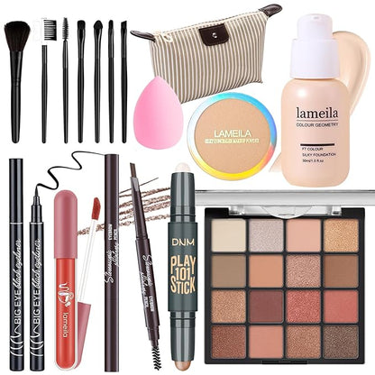 Makeup Set Full Kit for Girls Teens Women, Makeup Present Set, Includes Eyeshadow, Foundation, counter stick, Powder, Eyebrow Pencil, Eyeliner, Brushes, Lip Gloss, Sponge, Cosmetic Bag
