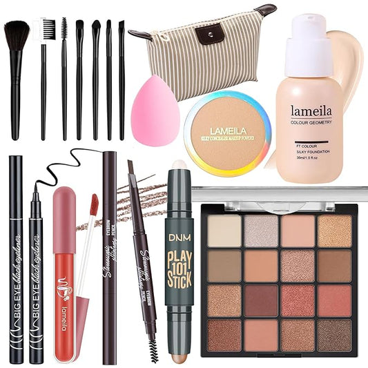 Makeup Set Full Kit for Girls Teens Women, Makeup Present Set, Includes Eyeshadow, Foundation, counter stick, Powder, Eyebrow Pencil, Eyeliner, Brushes, Lip Gloss, Sponge, Cosmetic Bag