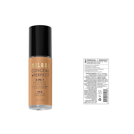 Milani Conceal + Perfect Liquid Foundation - Warm Sand (1 Fl. Oz.), Cruelty-Free, Water-Resistant, Full Coverage, Long-Lasting, 45 Shades
