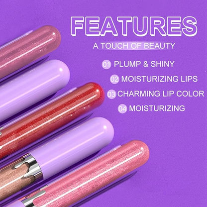 5Pcs Glitter Liquid Lip Gloss Set, Diamond Shimmer Lipstick, Waterproof Shimmer Lip Stain Lip Glaze, High Shine Long Lasting Shiny Lip Color Makeup (Set:Y-03)