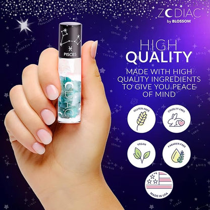 Blossom Lip Gloss Zodiac Sign Vanilla Scented Roll-On Lip Gloss, Moisturizing + Hydrating with Zodiac Crystals, Made in USA, 0.20oz, Pisces