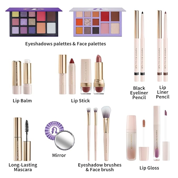 Color Nymph Beginner Makeup Set for Teens, Full Kit with Exquisite Purple Box, Non-Toxic, Includes Eyeshadow Palettes, Mascara, Lipstick, Makeup Set Brushes