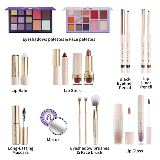 Color Nymph Beginner Makeup Set for Teens, Full Kit with Exquisite Purple Box, Non-Toxic, Includes Eyeshadow Palettes, Mascara, Lipstick, Makeup Set Brushes