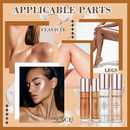 Body Shimmer Oil Set,Waterproof Body Glitter Oil for Face & Body,High Glossy Long Lasting Moisturizing Body Luminizer Glow,Multi-purpose Body Glitter Oil Liquid Illuminator Highlighter（4 Pcs）