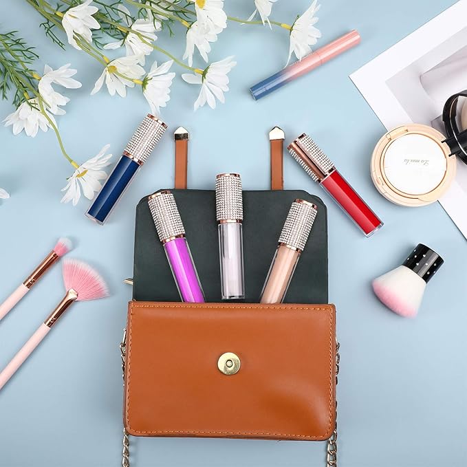 Maitys 12 Pieces Crystal Rhinestone Lip Gloss Wand Tubes Include 10 Pieces 5 ml Empty Lip Gloss Lip Balm Bottles with Rubber Stoppers and 2 Pieces 20 ml Plastic Syringe for Cosmetic (Rose Gold)