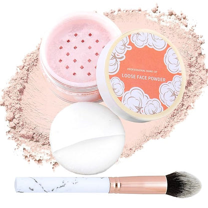 Mineral Setting Powder with brush,Shimmering Powder for Face,Lightweight Long Lasting Oil Control Face Makeup Set,Matte Concealer Setting Makeup Kit for All Skin Types(A)