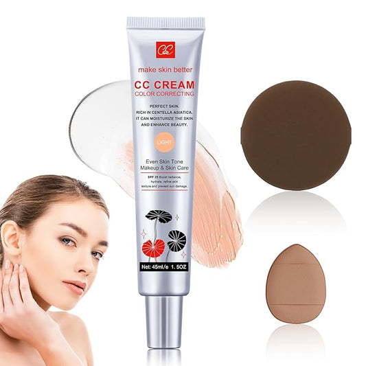 Color Correcting CC Cream with Powder Puff 【SPF 25】, Light & Hydrating CC Cream Foundation with Centella Asiatica, Multi-Purpose for Even Skin Tone, Refine Skin Texture, SPF Protection (Light)