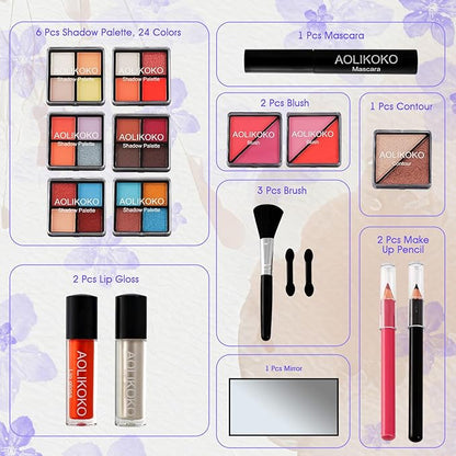 Makeup Kit for Teenager & Women Full Kit, All in One Makeup Set With The Small Cosmetic Train Case, Professional Makeup Kit, Makeup Gift Set for Women Girls (silver)