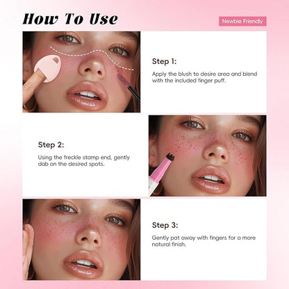 2 Colors Freckle Blush Pen for Lifelike Faux Freckle, Waterproof Freckle Stamp&Blusher 2 in 1 for Natural Sunkissed Makeup, Fake Freckles Stain Marker with Puff