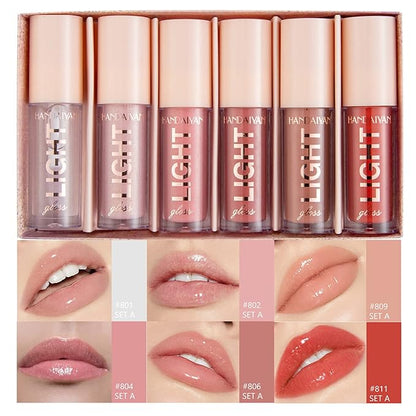 6PCS Lip Oil Light Lipgloss Set, Moisturizing Hydrating Lip Glow Oil Lip Gloss Kit High Shine Lip Plumping Glass Finish Liquid Lipstick for Women (Set A)