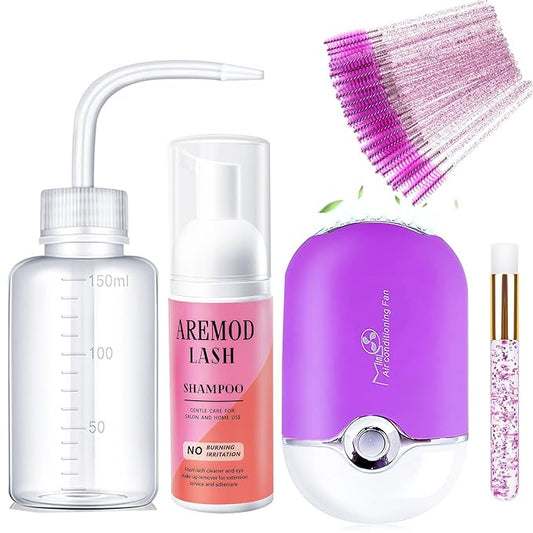 Eyelash Cleanser for Extensions, Lash Shampoo Kit with Lash Fan, 60ml Lash Shampoo,Cleaning Brush and Wash Bottle for Lash Bath(purple)