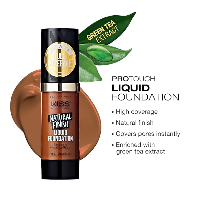 Professional Liquid Foundation - Lightweight and Hydrating Formula, Natural Finish, Control Shine, Cover Pores, Medium to Full Coverage, Green Tea Extract (Caramel)
