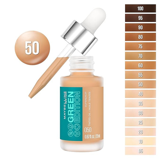 Maybelline Green Edition Superdrop Tinted Oil Base Makeup, Adjustable Natural Coverage Foundation Formulated With Jojoba & Marula Oil, 50, 1 Count