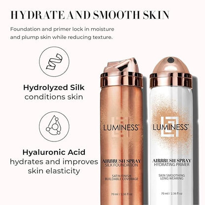 LUMINESS Airbrush Spray Silk Foundation Starter Kit - Deep - Foundation, Primer & Dual-Sided Angled Buffing Brush - Medium, Buildable Coverage, Anti-Aging Formula Hydrates & Moisturizes