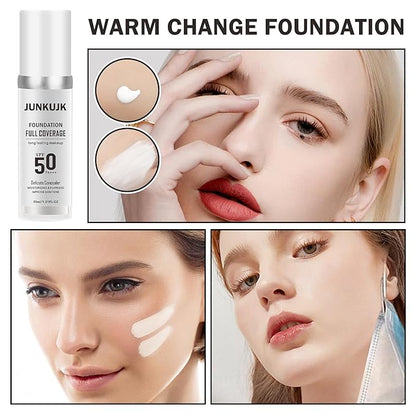 2PCS Color Changing Foundation with SPF 50 +++,Moisturizing Liquid Foundation Makeup Kit with 2 Makeup Sponges,Oil Control Long Lasting Non-greasy Full Coverage Concealer for All Skin Types