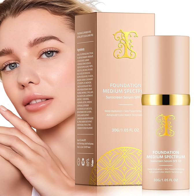 Colour Changing Foundation Liquid 4 in 1, Foundation for Older Women, Hydrating Longwearing & Waterproof Concealer, SPF 50+ Makeup Base Nude Face, Medium Spectrum for all Skin