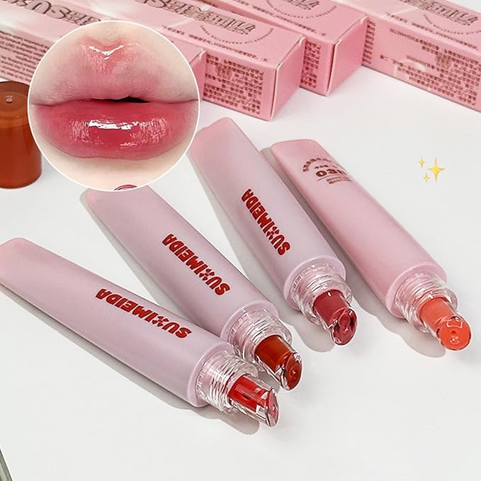 4Pcs Hydrating Lip Gloss Set, Moisturizing and Glossy Jelly Liquid Lipstick Shine Glass Finish Watery Shiny Lightweight Cute Pink Lip Gloss Lip for Women