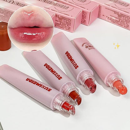 4Pcs Hydrating Lip Gloss Set, Moisturizing and Glossy Jelly Liquid Lipstick Shine Glass Finish Watery Shiny Lightweight Cute Pink Lip Gloss Lip for Women
