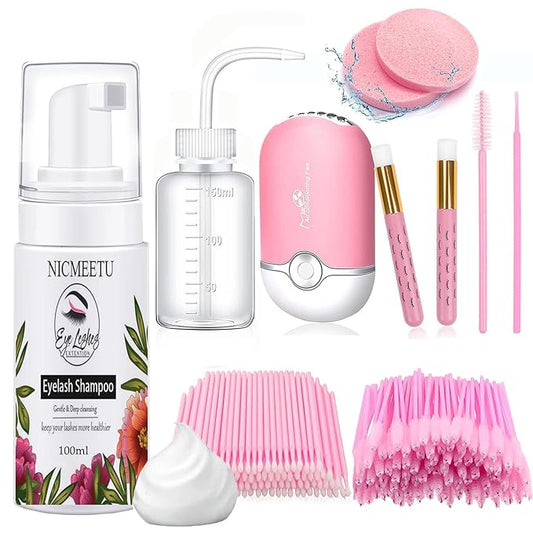 100ML Lash Shampoo Kit for Extensions with USB Fan, 50 Eyelash Brushes, 100 Micro Brushes, 2 Shampoo Brushes, 2 Sponges and Rinse Bottle