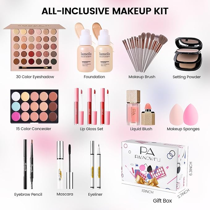Makeup Kit for Women - Full Kit for Beginners Teens Girls, 30 Colors Matte & Shimmer Eyeshadow Palettes, Blush Palette, Lip Gloss Set
