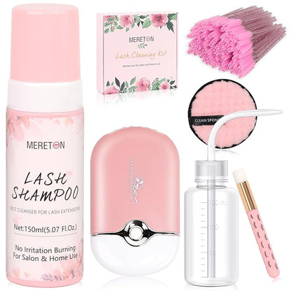 150ml Lash Shampoo for Lash Extensions, Eyelash Extension Cleanser Lash Cleaning Kit for Cluster Lashes with Fan+Makeup Pad+Cleaning Brush+100 Pcs Lash Brush+Wash Bottle, Oil Free Foam