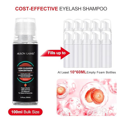Eyelash Natural Foaming Cleanser Concentrate 100ml Lash Extensions Shampoo DIY Non-lrritating Wash for Extensions Lashes with Salon Home Care-Makes 20 Bottles 60ml lash Shampoo (Strawberry)