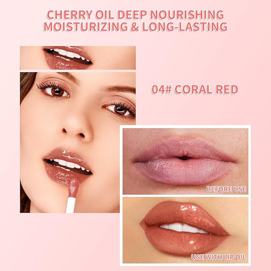 Hydrating Lip Glow Oil - Tinted Plumping Lip Gloss Long-Lasting Moisturizing Cherry Oil Lip Stain Transparent Nourishing Lip Care (Coral Red)