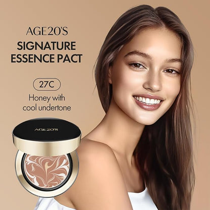 AGE20'S Signature Essence Pact SPF 50+ | Pack of 1 | 27C HONEY | Cream Foundation, Dewy Finish, Natural Coverage | Korean Cushion Foundation