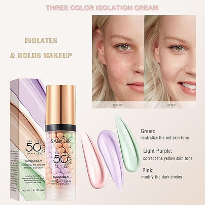 One Step Color Corrector, 3 In 1 Primer for Face Before Makeup, SPF 50 Face Sunscreen Isolation Cream, Moisturizing and Oil Control Daily Makeup Primer for Dark Circles Even Skin Tone