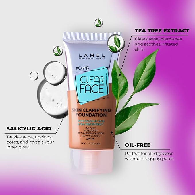 Oh My Clear Face Full Coverage Foundation for Oily & Acne Prone Skin, Salicylic Acid & Tea Tree Extract, Anti-Blemish Sensitive Skin Care, Organic & Oil-Free, 410 Medium Dark, 40 ml 1.35 fl.oz