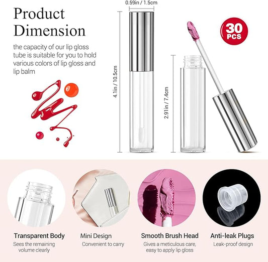 KPX 30 Pcs lip Gloss Tube Containers Bulk Wand 10ml Empty Clear Pink Lip Oil Tubes Refillable Lip Balm Bottles with Rubber Insert for DIY Makeup Such as Lip Samples, Homemade Lip Balm (Silver)