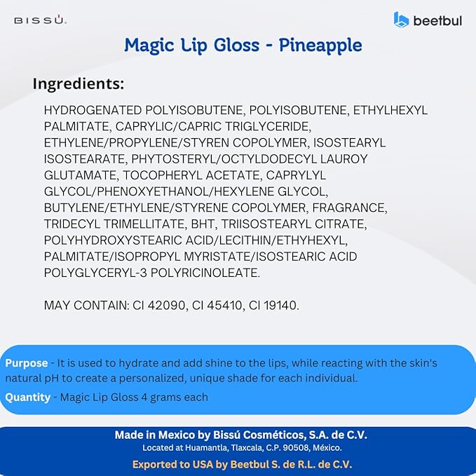 Bissú Magic Lip Gloss, 6 Fruity Scents, Moisturizing pH Reactive Gloss, with drop-shaped applicator and large size (03 Pineapple, 4 Grams)