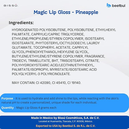 Bissú Magic Lip Gloss, 6 Fruity Scents, Moisturizing pH Reactive Gloss, with drop-shaped applicator and large size (03 Pineapple, 4 Grams)