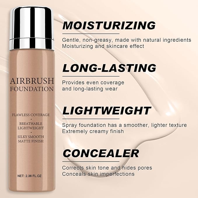Airbrush Foundation Makeup Spray, Long-lasting Silky Mist Foundation Spray with Brush, Flawless Coverage Foundation for Smooth Radiant Skin, Formula Breathable Moisturizing Makeup (04 Porcelain)