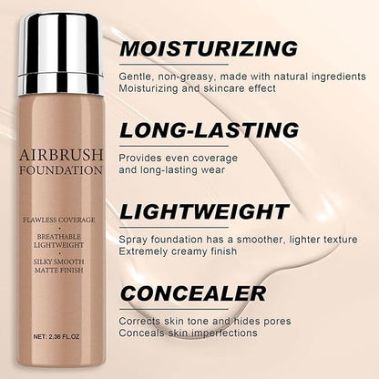 Airbrush Foundation Makeup Spray, Long-lasting Silky Mist Foundation Spray with Brush, Flawless Coverage Foundation for Smooth Radiant Skin, Formula Breathable Moisturizing Makeup (04 Porcelain)