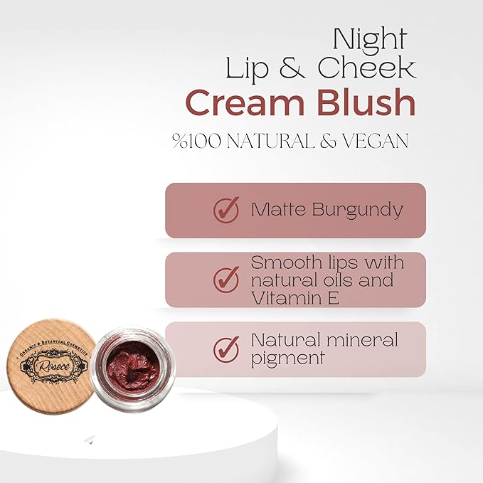 2-in-1 Cream Cheek Blush + Lip Color | Natural Mineral pigment | Soft Lips with natural oils and Vitamin E | 100% Plant ingredients, Vegan (Burgundy/Matte-Night, 0.25fl oz)