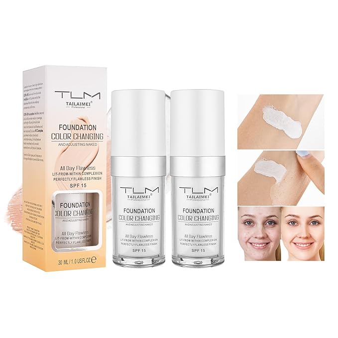 Color Changing Foundation for Color Correction, Even Skin Tone and Coverage of Imperfections for a Natural Facial Look, includes SPF15, Full Coverage Foundation 1.0floz x2pcs
