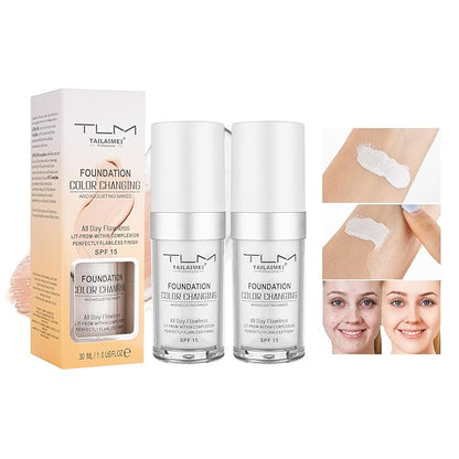 Color Changing Foundation for Color Correction, Even Skin Tone and Coverage of Imperfections for a Natural Facial Look, includes SPF15, Full Coverage Foundation 1.0floz x2pcs